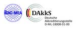 Logo mit zwei Teilen: Links ein blaues kreisförmiges Emblem mit ilac-MRA in der Mitte. Auf der rechten Seite das DAkkS-Logo mit schwarzen, roten und gelben geschwungenen Linien und dem Text Deutsche Akkreditierungsstelle D-ML-18008-01-00.